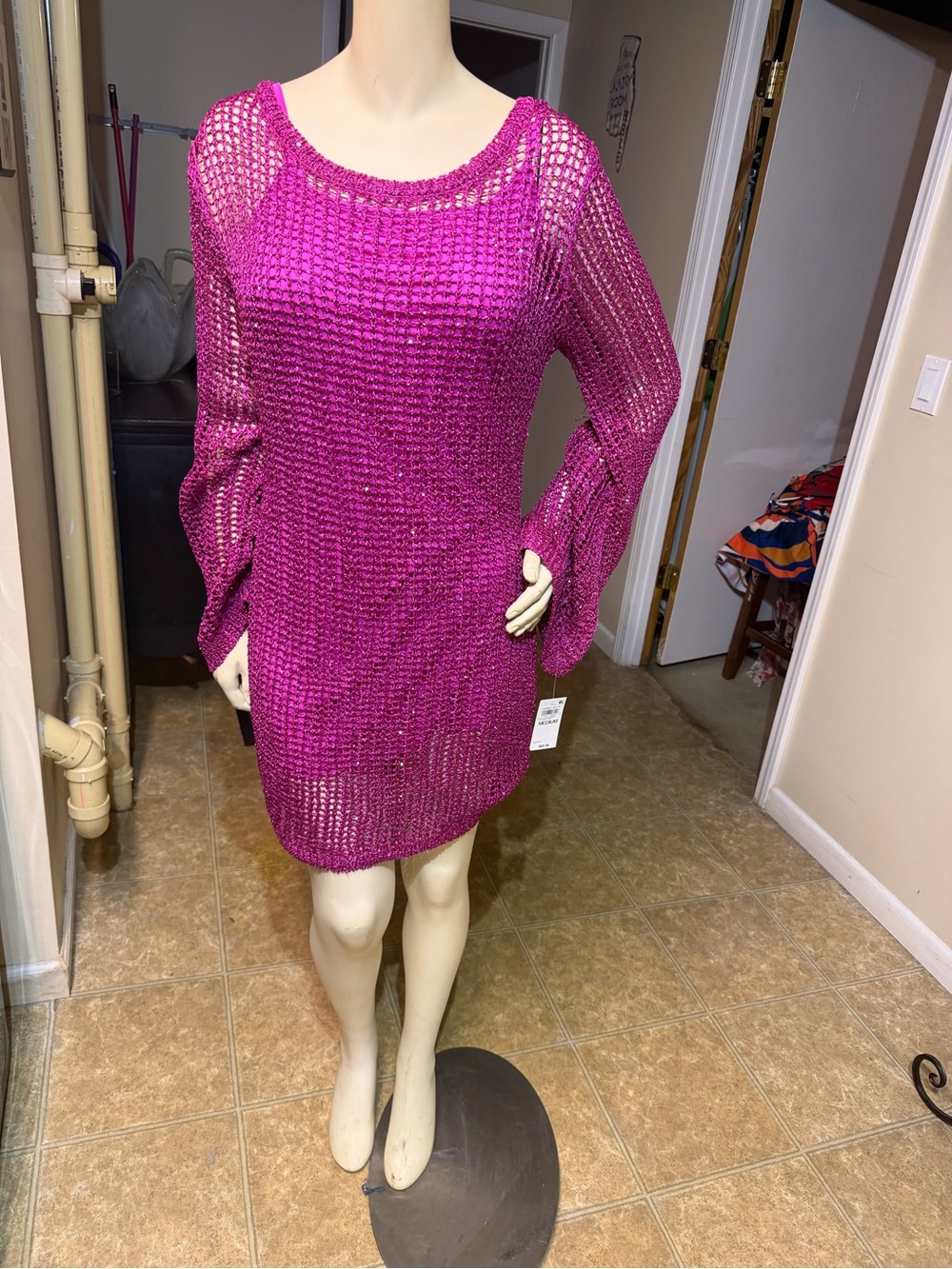 Bar III Open-Knit Long Sleeve Sweater Dress in Magenta with sparkle
